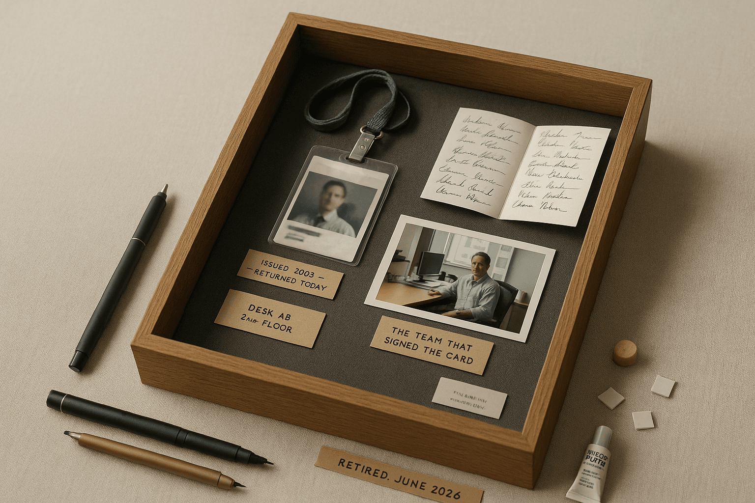 A Retirement Shadow Box — Their Badge, the Last Card, the Office Photo