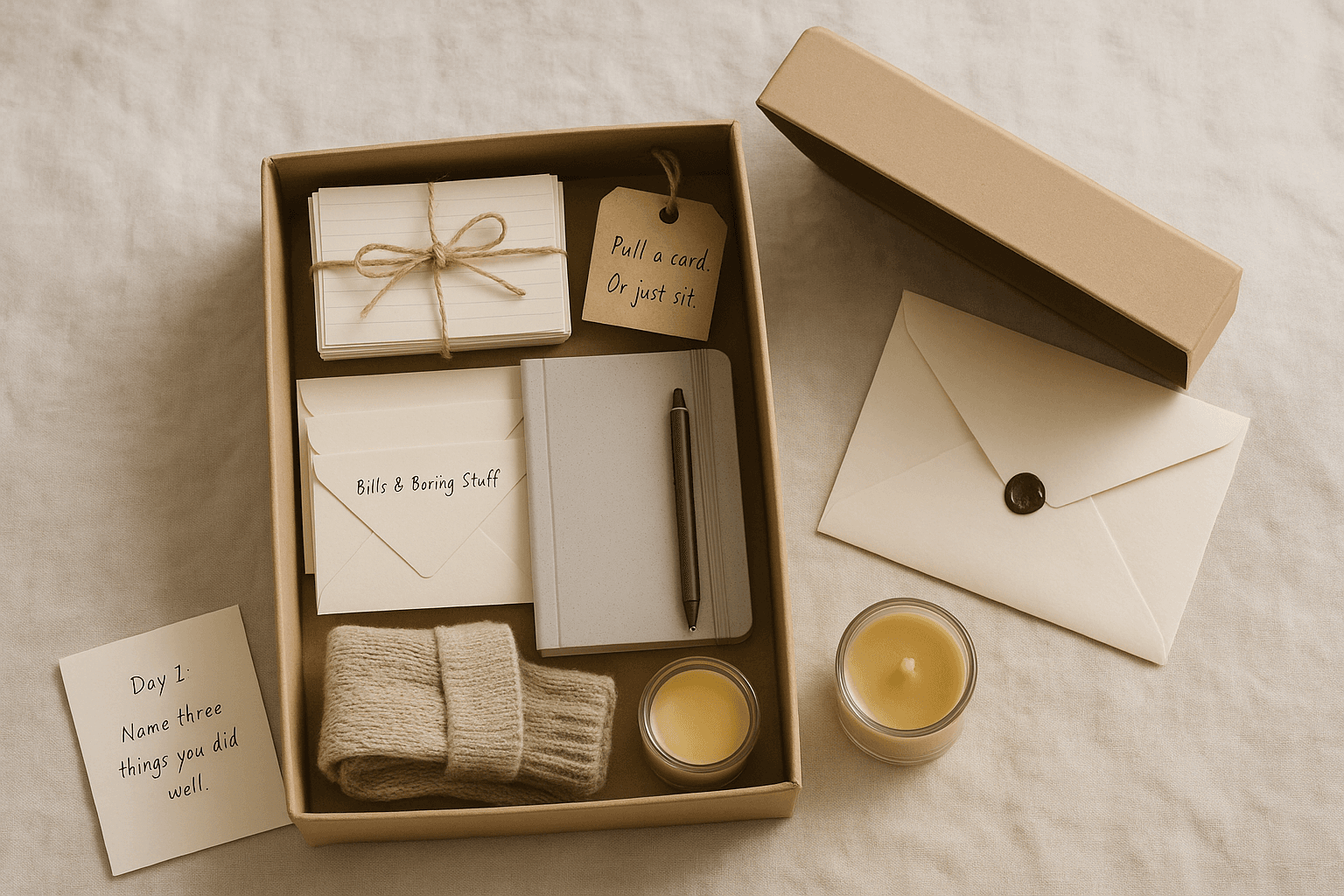 A Layoff Care Box for Your Partner — Cards, Envelopes, a Letter