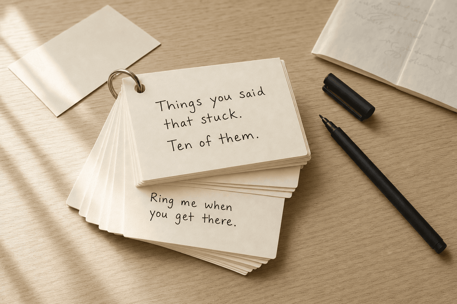 A ring-bound deck of cream cards; the top card reads "Things you said that stuck. Ten of them."