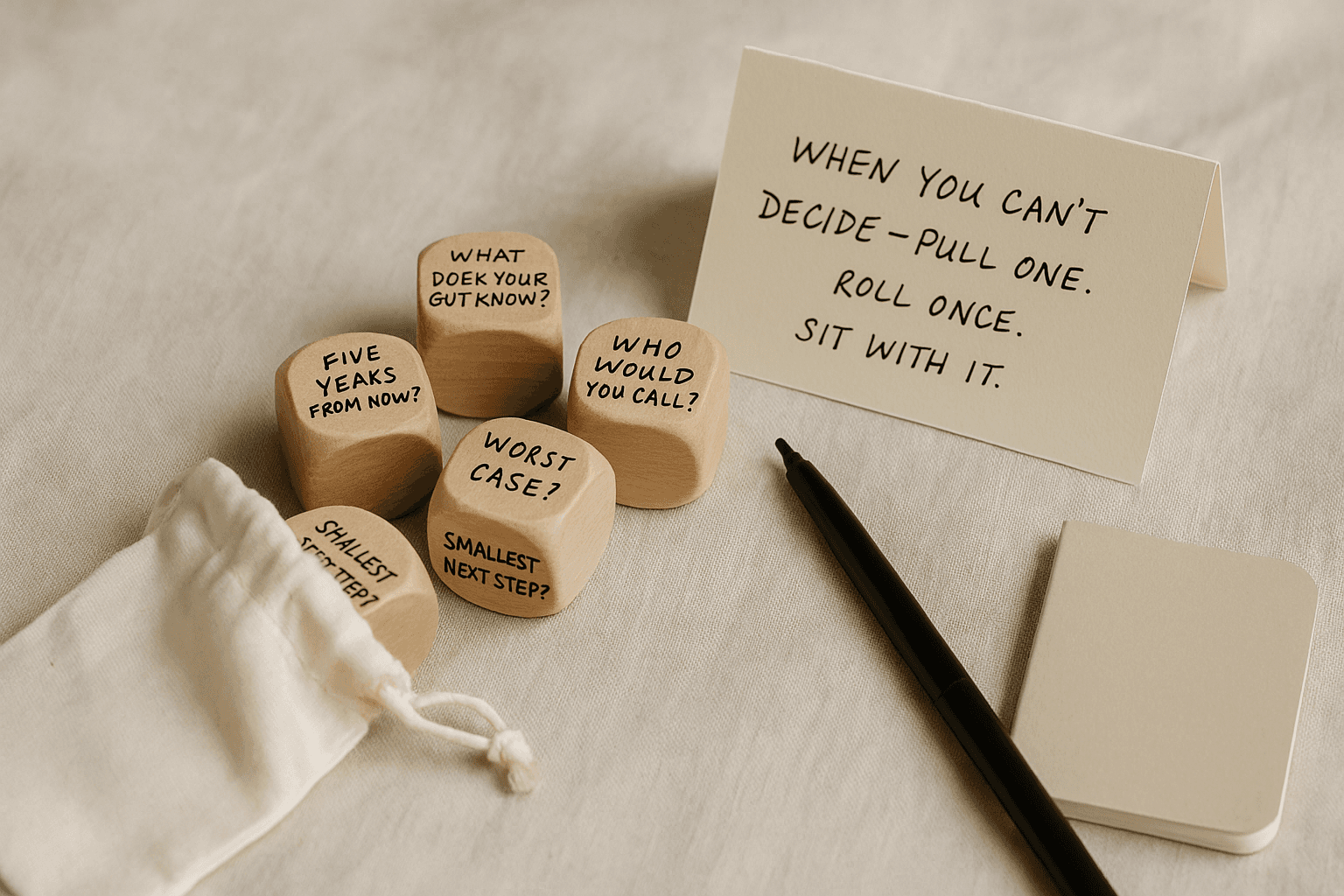 A Decision Dice Set — Five Cubes, Thirty Prompts for a Stuck Week