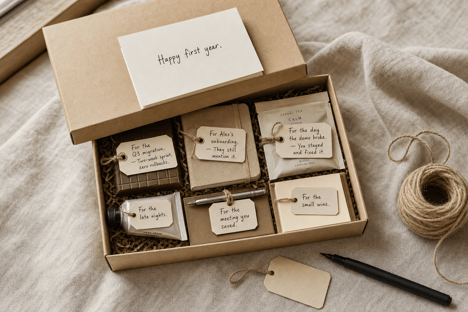 A Workiversary Desk Kit — Six Things Your Coworker Earned in Year One