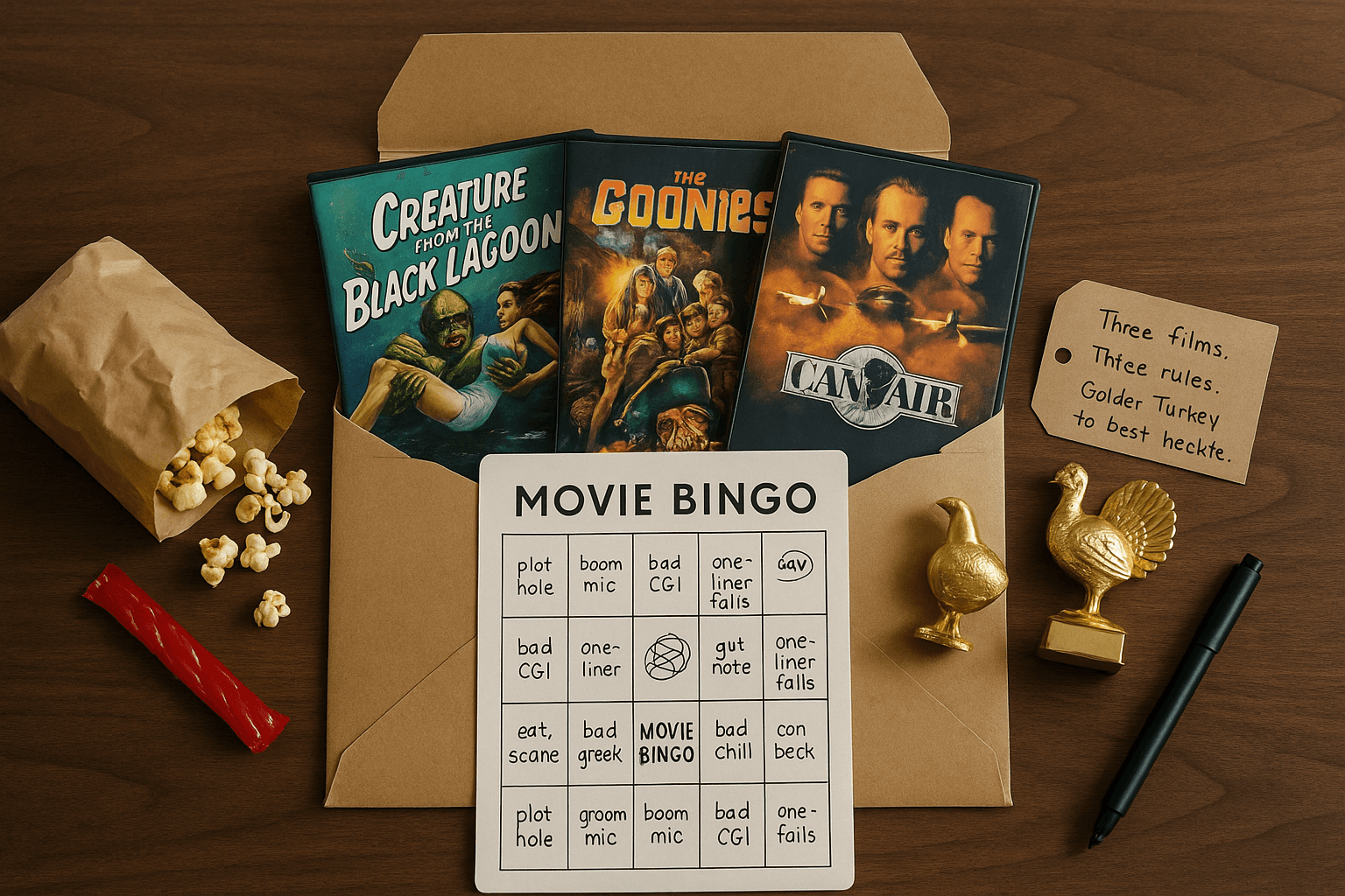 A Bad Movie Night Kit — Sharknado, Bingo, and a Golden Turkey Trophy
