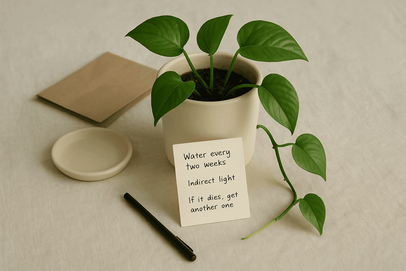 A Houseplant for a Hard Week — Pothos, Note, Permission to Forget It