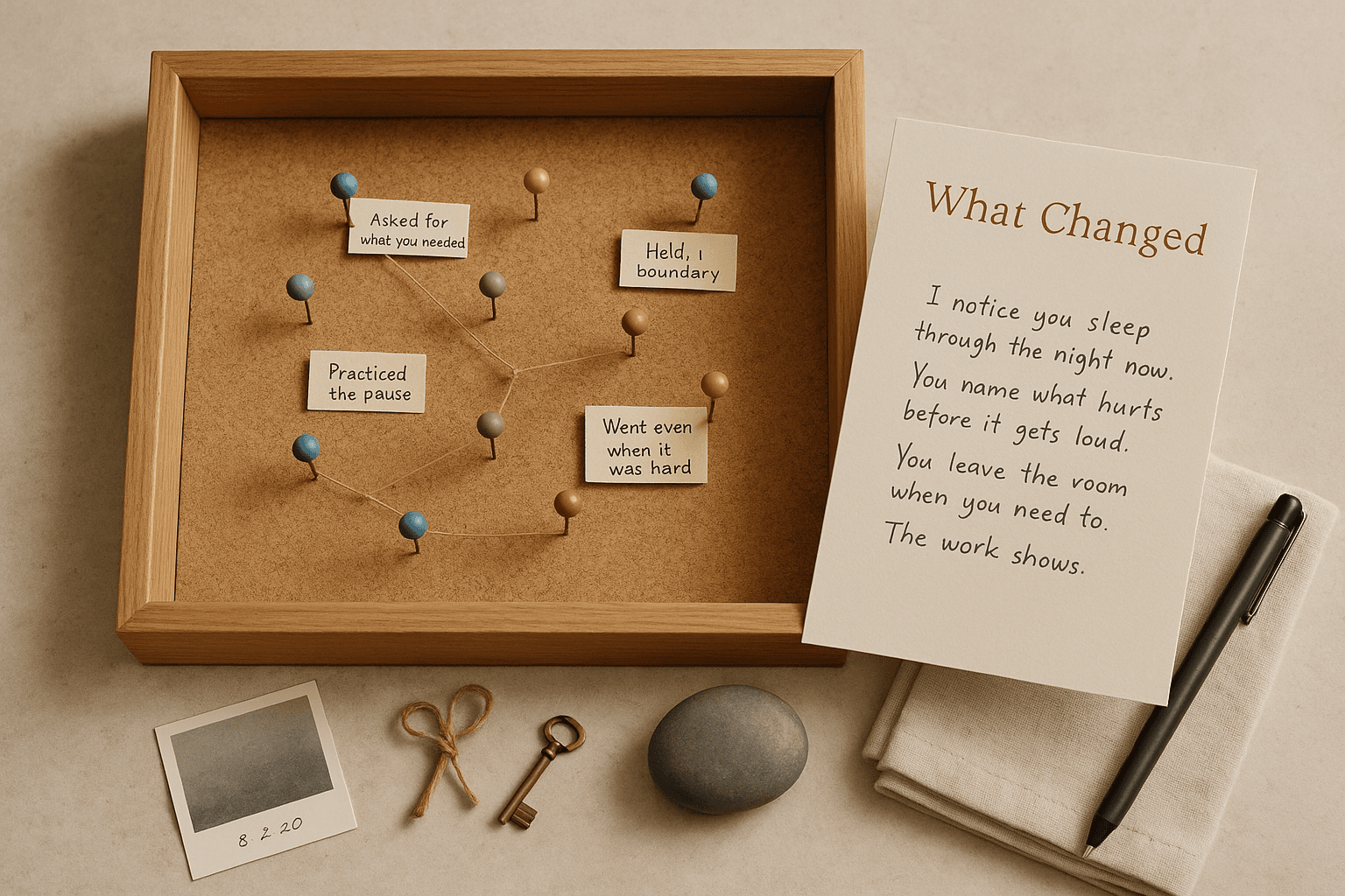 A Therapy Milestone Shadow Box — Pins, Themes, a Page of What Changed