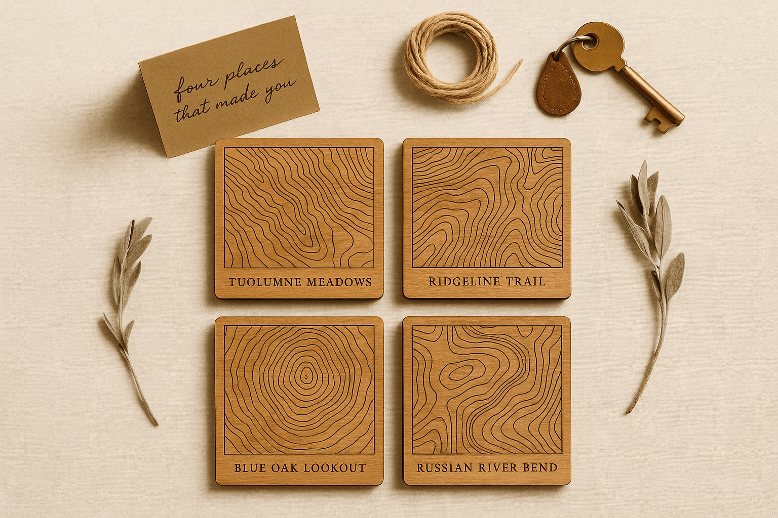 A Topographic Coaster Set — Four Meaningful Places, Engraved