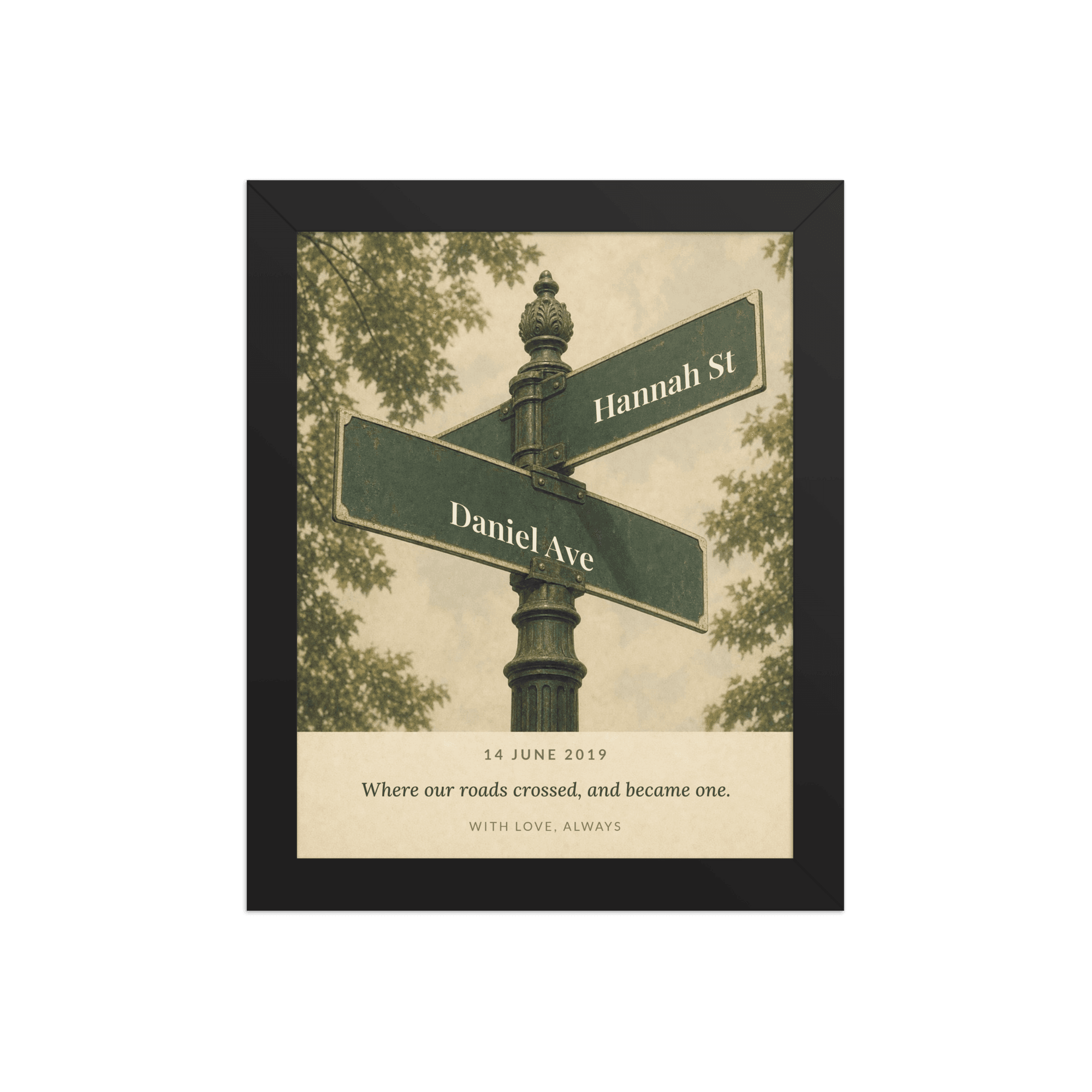 Where Our Roads Cross, Personalised Street Sign Print