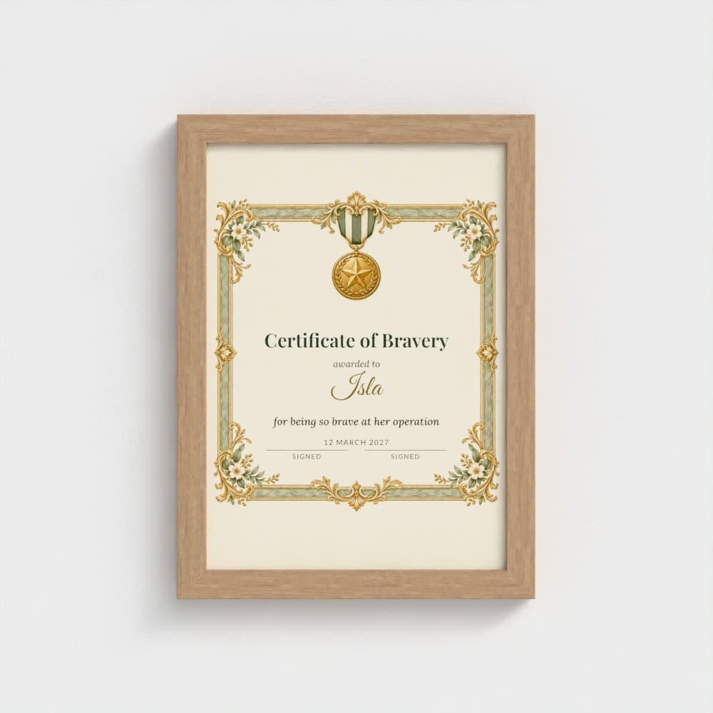 Certificate of Bravery, Personalised and Framed