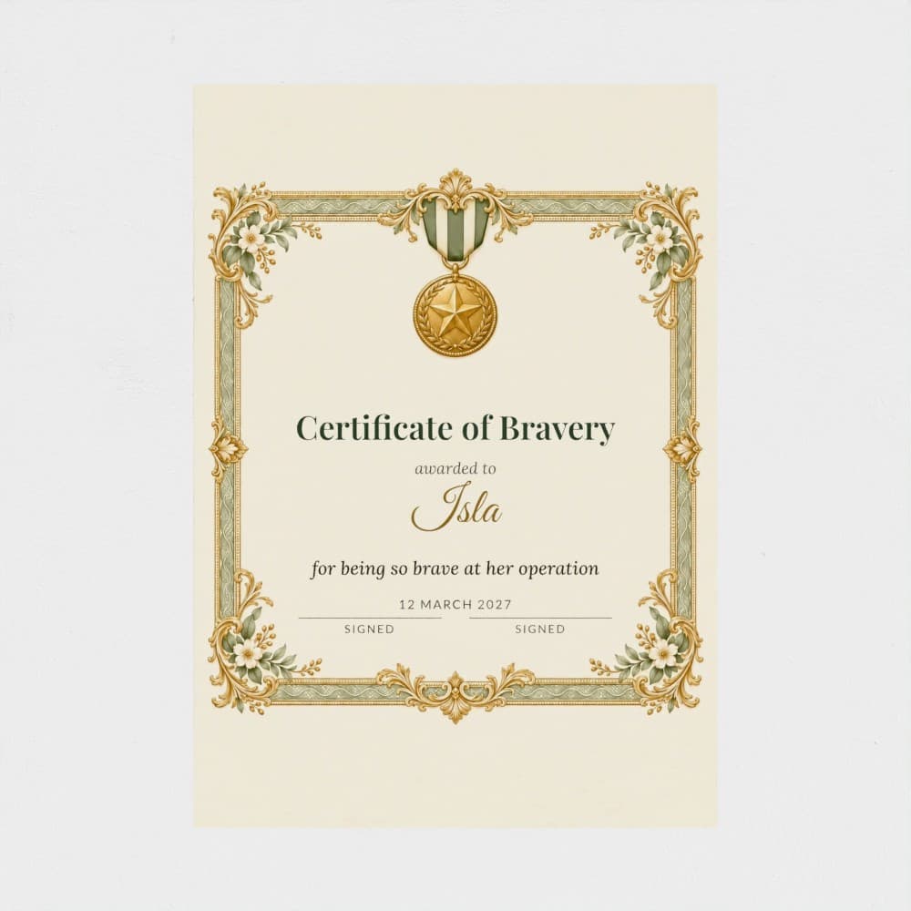 Certificate of Bravery, Personalised A4 Certificate